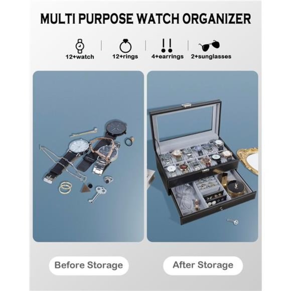 Watch Box 12 Slot Watch Display Organizer Leather Jewelry Case Drawer Glass - Picture 7 of 8